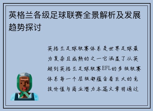 英格兰各级足球联赛全景解析及发展趋势探讨
